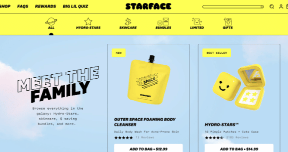 Diseño de sitio web donde se observa color amarillo y celeste (colores retros) y tanto las imagenes como los iconos tambien son retros.