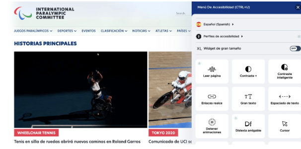 El diseño web: sobre el lado derecho aparecen opciones de configuracion como "leer pagina", "mas contraste", "gran texto", "cursor". Sobre el lado izquierdo imagen de atleta en silla de ruedas