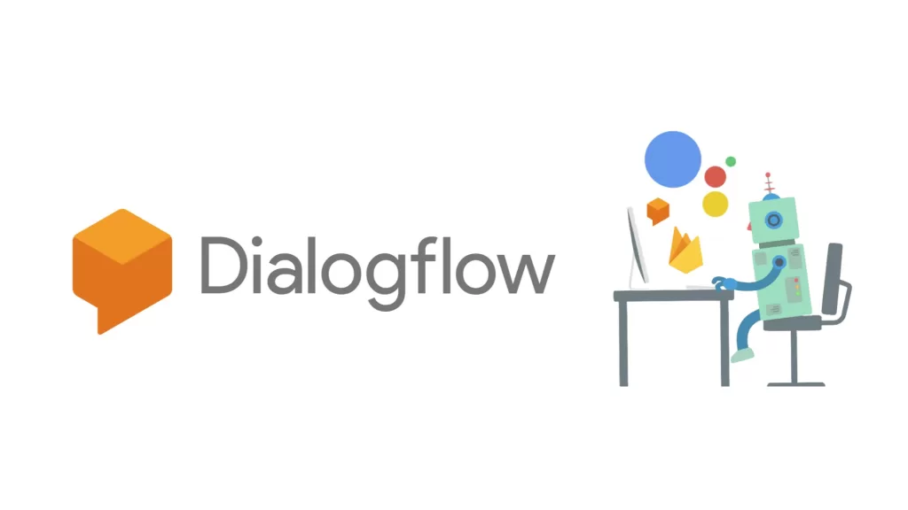 Dialogflow y un robot sentado chateando. Herramienta de IA